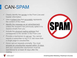 Email Acquisition Marketing | Roadmap to Success 
CAN-SPAM 
 Clearly identify the sender in the From Line and 
header information. 
 Use a subject line that accurately represents 
the content of the mess 
 Identify the message as an advertisement, 
unless the recipient has previously opted in to 
receive emails from you 
 Include the physical mailing address that 
corresponds to the sender in the From Line 
 Provide a mechanism to opt out. You cannot 
require a subscriber to log in or visit more than 
a single page to unsubscribe. 
 Honor opt-out requests promptly. You must 
process an unsubscribe request within 10 days, 
and your unsubscribe mechanism must be 
operational for at least 30 days after the 
mailing. 
 
