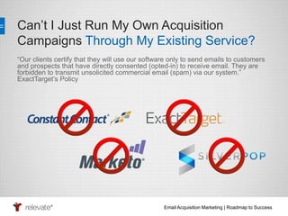 Can’t I Just Run My Own Acquisition 
Campaigns Through My Existing Service? 
“Our clients certify that they will use our software only to send emails to customers 
and prospects that have directly consented (opted-in) to receive email. They are 
forbidden to transmit unsolicited commercial email (spam) via our system.” 
ExactTarget’s Policy 
Email Acquisition Marketing | Roadmap to Success 
 