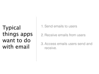 Typical 
things apps 
want to do 
with email 
1. Send emails to users 
2. Receive emails from users 
3. Access emails users send and 
receive. 
 