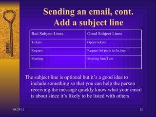 Sending an email, cont. Add a subject line The subject line is optional but it’s a good idea to include something so that you can help the person receiving the message quickly know what your email is about since it’s likely to be listed with others. Meeting 9am Tues Meeting Request for parts to fix Jeep Request Opera tickets  Tickets Good Subject Lines Bad Subject Lines 
