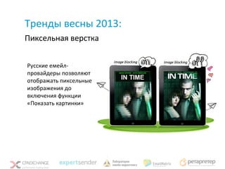 Тренды весны 2013:
Пиксельная верстка


Русские емейл-
провайдеры позволяют
отображать пиксельные
изображения до
включения функции
«Показать картинки»
 
