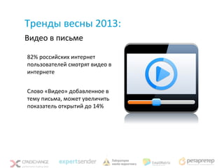 Тренды весны 2013:
Видео в письме

82% российских интернет
пользователей смотрят видео в
интернете


Слово «Видео» добавленное в
тему письма, может увеличить
показатель открытий до 14%
 