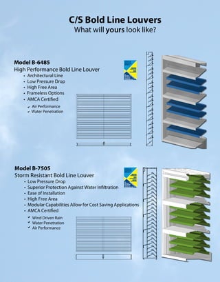 Model B-6485
High Performance Bold Line Louver
   ?   Architectural Line
   ?   Low Pressure Drop
   ?   High Free Area
   ?   Frameless Options
   ?   AMCA Certined
       ? Air Performance
       ? Water Penetration




Model B-7505
Storm Resistant Bold Line Louver
   ?   Low Pressure Drop
   ?   Superior Protection Against Water Innltration
   ?   Ease of Installation
   ?   High Free Area
   ?   Modular Capabilities Allow for Cost Saving Applications
   ?   AMCA Certined
       ? Wind Driven Rain
       ? Water Penetration
       ? Air Performance
 