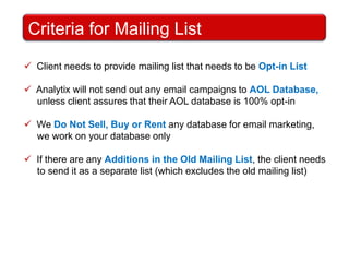   Measurable resultsTypes of E-mail CampaignsPlain Text:Doesn’t have any design elements