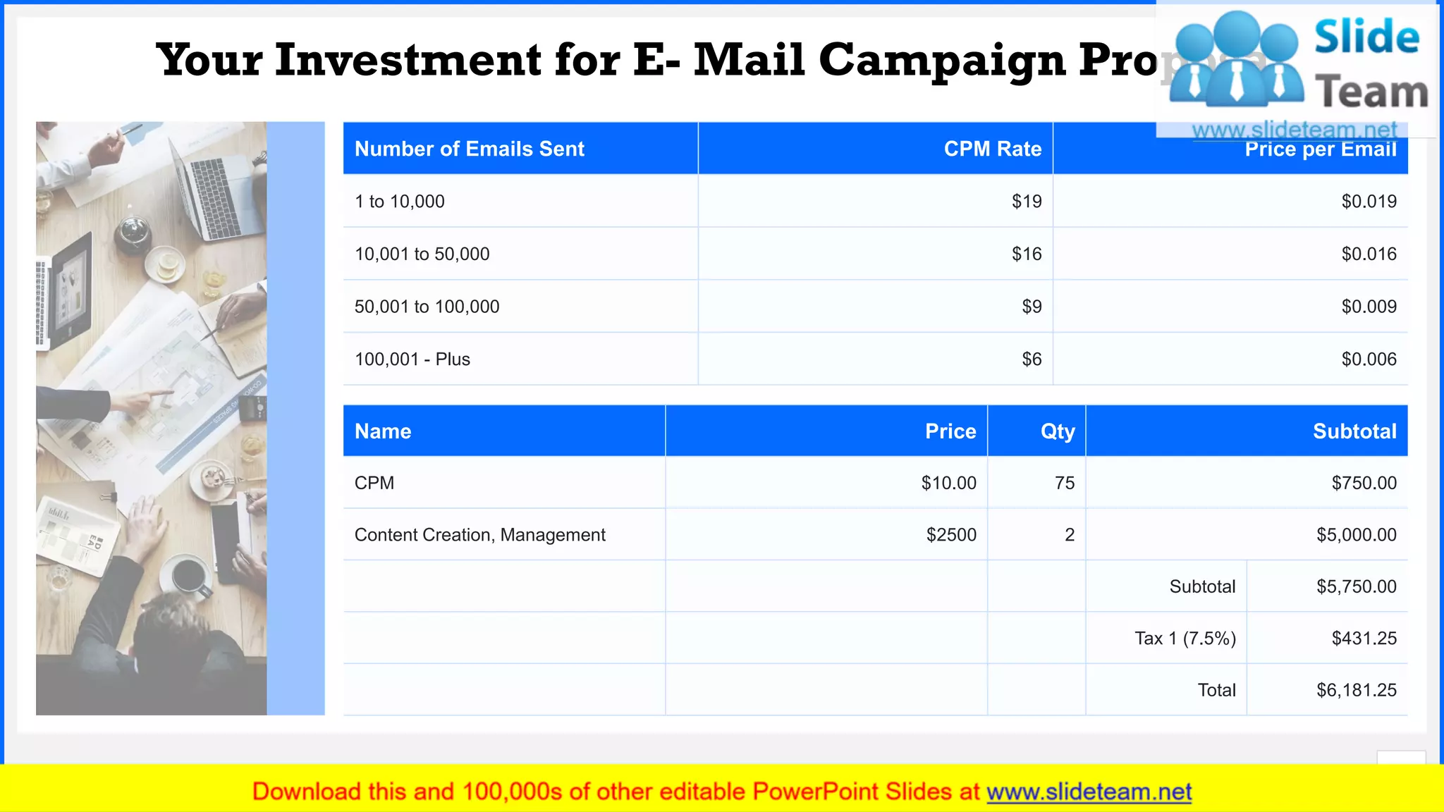 Slide No.
Your Investment for E- Mail Campaign Proposal
7
Number of Emails Sent CPM Rate Price per Email
1 to 10,000 $19 $0.019
10,001 to 50,000 $16 $0.016
50,001 to 100,000 $9 $0.009
100,001 - Plus $6 $0.006
Name Price Qty Subtotal
CPM $10.00 75 $750.00
Content Creation, Management $2500 2 $5,000.00
Subtotal $5,750.00
Tax 1 (7.5%) $431.25
Total $6,181.25
 