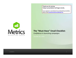 The “Must‐Have” Email Checklist: 
            Confidence in launching campaigns
               f
            October 20, 2010




1/18/2011                                       1
 