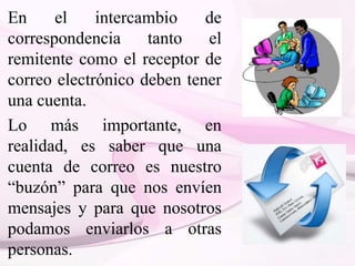 En el intercambio de
correspondencia tanto el
remitente como el receptor de
correo electrónico deben tener
una cuenta.
Lo más importante, en
realidad, es saber que una
cuenta de correo es nuestro
“buzón” para que nos envíen
mensajes y para que nosotros
podamos enviarlos a otras
personas.
 