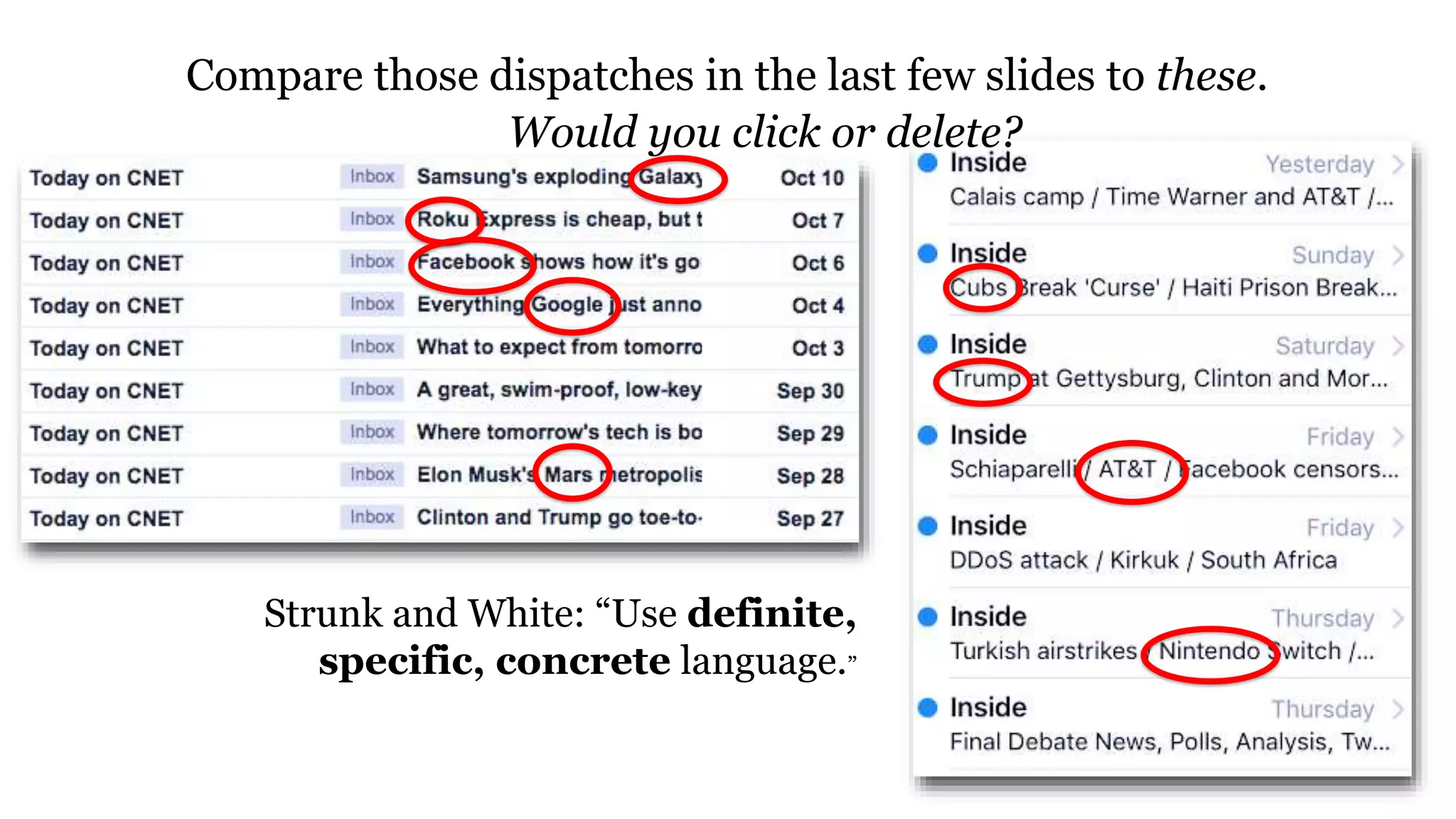 Compare those dispatches in the last few slides to these.
Would you click or delete?
Strunk and White: “Use definite,
specific, concrete language.”
 