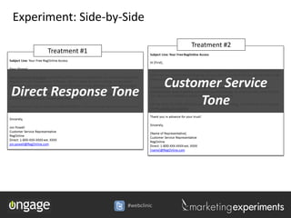 Experiment: Side-by-Side

                                      Treatment #2
      Treatment #1



                                  Customer Service
Direct Response Tone
                                       Tone




                     #webclinic
 