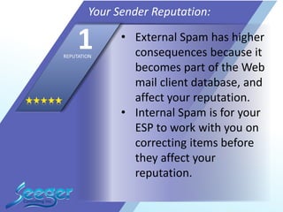 • External Spam has higher
consequences because it
becomes part of the Web
mail client database, and
affect your reputation.
• Internal Spam is for your
ESP to work with you on
correcting items before
they affect your
reputation.
Your Sender Reputation:
1REPUTATION
 
