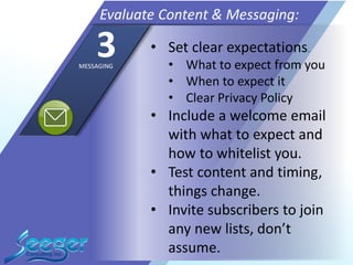 • Set clear expectations.
• What to expect from you
• When to expect it
• Clear Privacy Policy
• Include a welcome email
with what to expect and
how to whitelist you.
• Test content and timing,
things change.
• Invite subscribers to join
any new lists, don’t
assume.
Evaluate Content & Messaging:
3MESSAGING
 