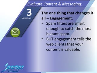 The one thing that changes it
all – Engagement.
• Spam filters are smart
enough to catch the most
blatant spam.
• BUT engagement tells the
web clients that your
content is valuable.
Evaluate Content & Messaging:
3MESSAGING
 
