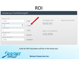 ROI
Links for ROI Calculators will be in the hand outs.
SEEGER CONSULTING INC.
 