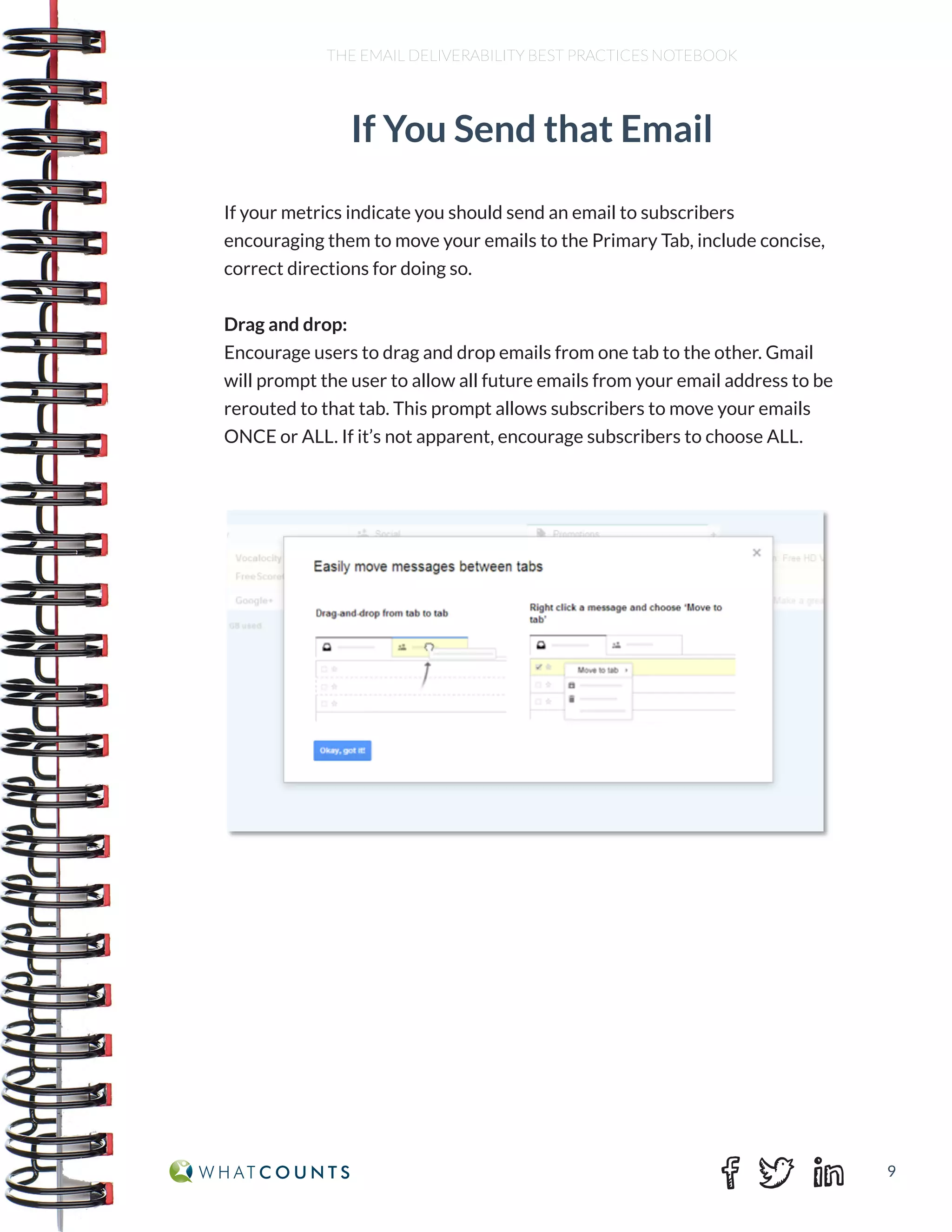 9
THE EMAIL DELIVERABILITY BEST PRACTICES NOTEBOOK
If your metrics indicate you should send an email to subscribers
encouraging them to move your emails to the Primary Tab, include concise,
correct directions for doing so.
Drag and drop:
Encourage users to drag and drop emails from one tab to the other. Gmail
will prompt the user to allow all future emails from your email address to be
rerouted to that tab. This prompt allows subscribers to move your emails
ONCE or ALL. If it’s not apparent, encourage subscribers to choose ALL.
If You Send that Email
 