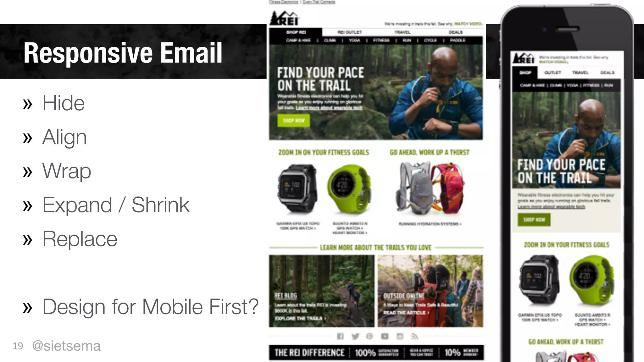 Responsive Email
19
» Hide
» Align
» Wrap
» Expand / Shrink
» Replace
!
» Design for Mobile First?
@sietsema
 