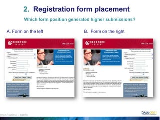 2. Registration form placement
                     Which form position generated higher submissions?

     A. Form on the left                       B. Form on the right




Which Test Won – 1/27/10
 