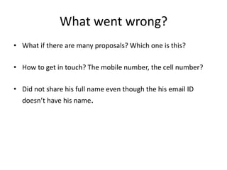 What went wrong?
• What if there are many proposals? Which one is this?
• How to get in touch? The mobile number, the cell number?
• Did not share his full name even though the his email ID
doesn’t have his name.
 