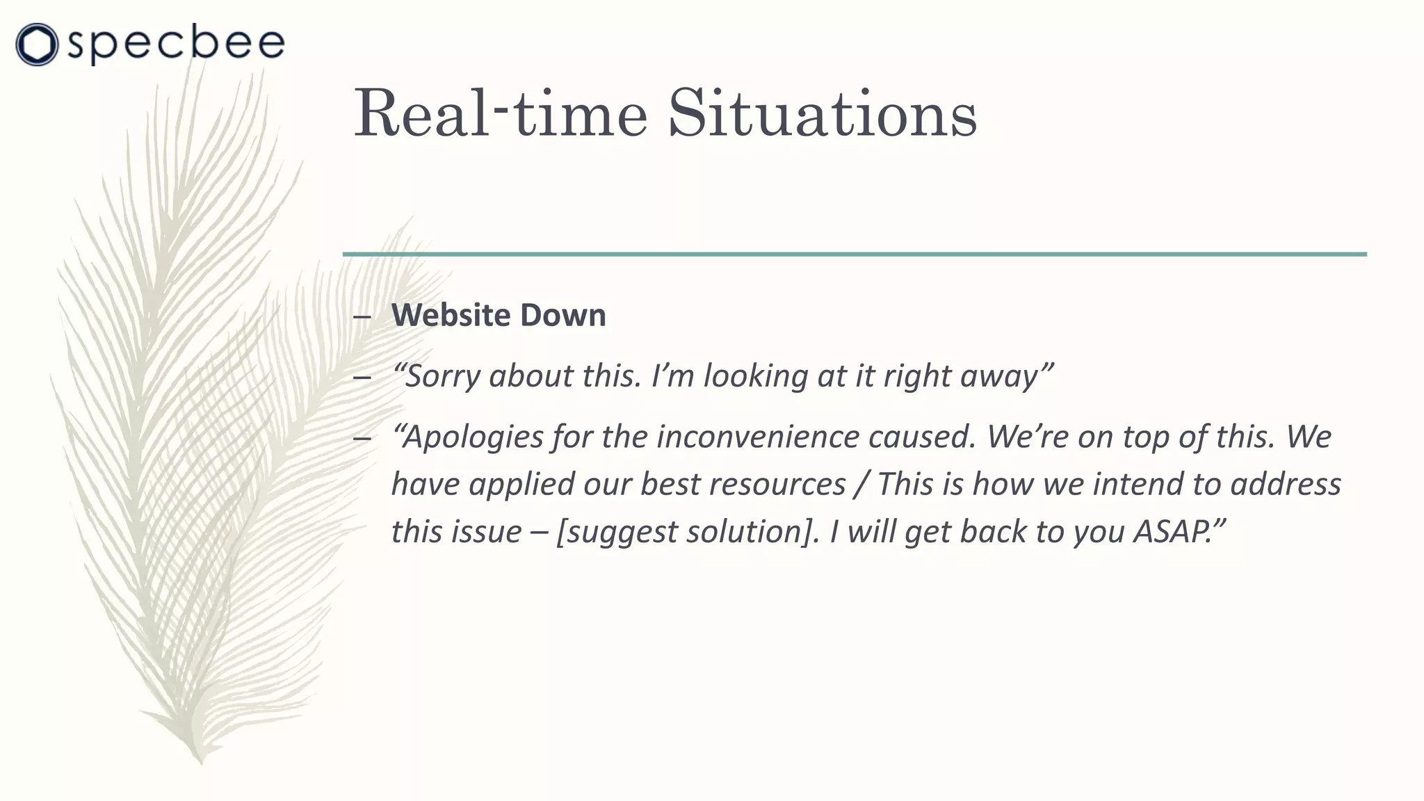 Real-time Situations
– Website Down
– “Sorry about this. I’m looking at it right away”
– “Apologies for the inconvenience caused. We’re on top of this. We
have applied our best resources / This is how we intend to address
this issue – [suggest solution]. I will get back to you ASAP.”
 