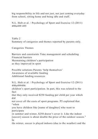big responsibility in life and not just, not just coming everyday
from school, sitting home and being idle and stuff.
N.L. Holt et al. / Psychology of Sport and Exercise 12 (2011)
490e499 495
Table 2
Summary of categories and themes reported by parents only.
Categories Themes
Barriers and constraints Time management and scheduling
Financial barriers
Maintaining children’s participation
as they improved in sport
Possible solutions Parents ‘help themselves’
Awareness of available funding
Additional funding resources
N.L. Holt et al. / Psychology of Sport and Exercise 12 (2011)
490e499496
children’s sport participation. In part, this was related to the
fact
that they only received $250 funding per child per year which
did
not cover all the costs of sport programs. P5 explained that
“when
you have children like [name of daughter] who want to
participate
in summer and winter, $250 doesn’t cover it. Like the indoor
[soccer] season is about double the price of the outdoor season.”
In
the winter, soccer is played indoors (due to the weather) and the
 