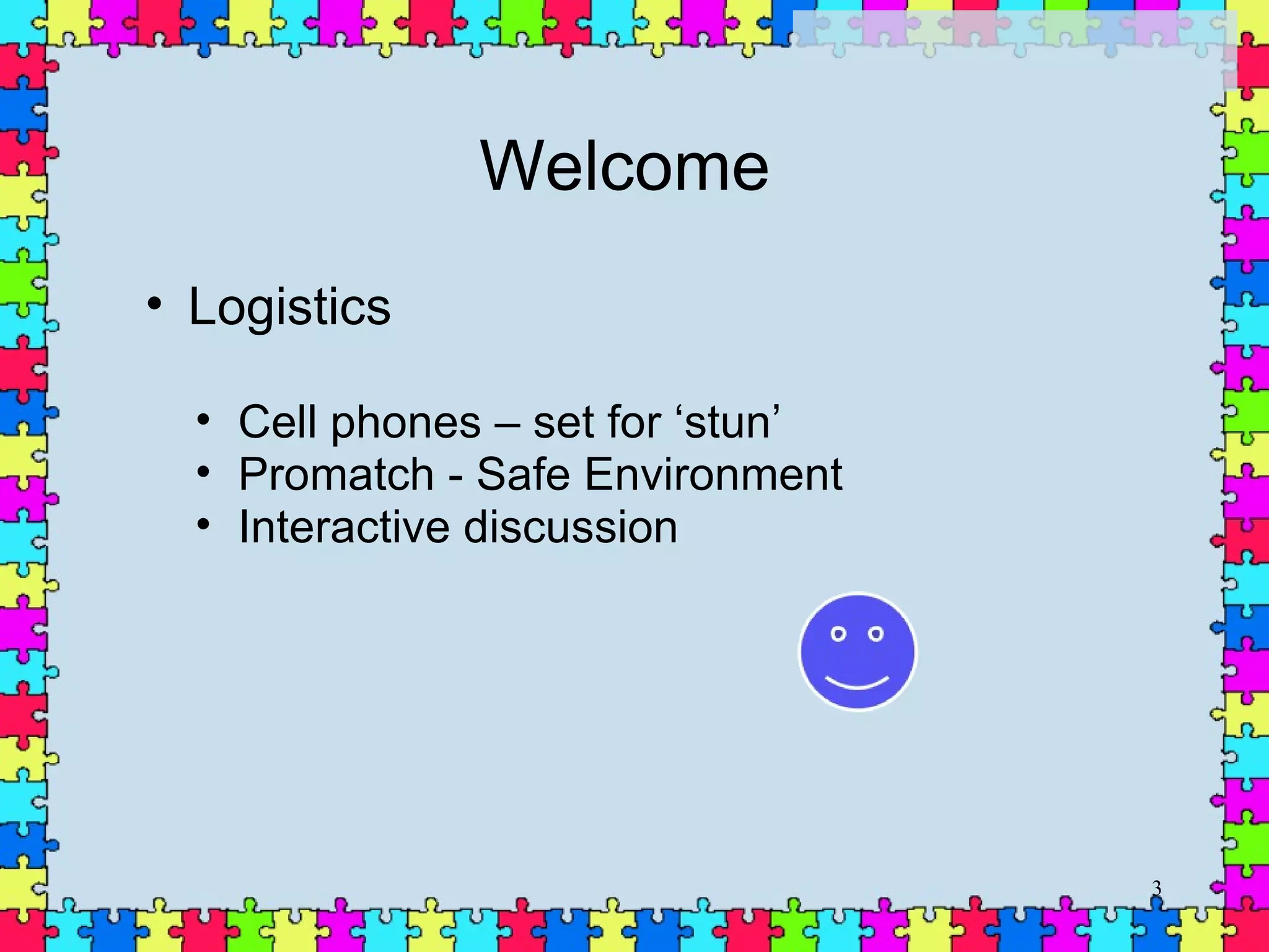 Welcome  Logistics Cell phones – set for ‘stun’ Promatch - Safe Environment Interactive discussion 