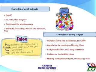 Examples of weak subjects
Examples of strong subject
 [blank]
 Hi, Hello, How are you?
 First line of the email message
 Words to avoid: Help, Percent Off, Reminder,
Free
 Invitation to the ABC Conference, Nov 2009
 Agenda for the meeting on Monday, 10am
 Party Invitation for John, Sally and Martin
 Updates on the building plans
 Meeting scheduled for Oct 15, Thursday @ 10am
 