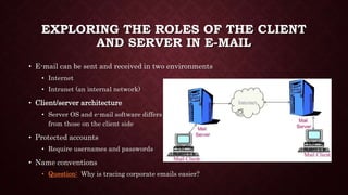 EXPLORING THE ROLES OF THE CLIENT
AND SERVER IN E-MAIL
• E-mail can be sent and received in two environments
• Internet
• Intranet (an internal network)
• Client/server architecture
• Server OS and e-mail software differs
from those on the client side
• Protected accounts
• Require usernames and passwords
• Name conventions
• Question: Why is tracing corporate emails easier?
 