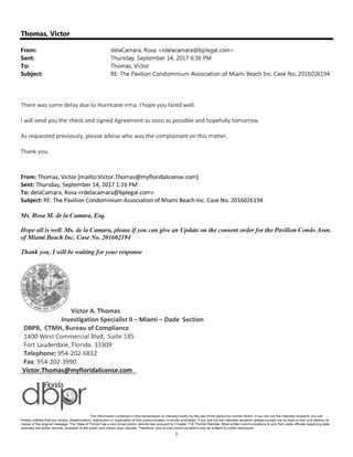 Email from Becker & Poliokoff de la camara to DBPR asking the complainant