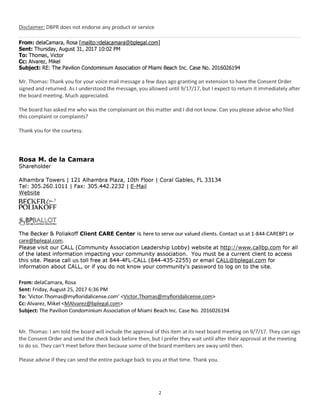 Email from Becker & Poliokoff de la camara to DBPR asking the ...