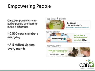 Empowering People Care2 empowers civically active people who care to make a difference.  5,000 new members everyday 3-4 million visitors every month 