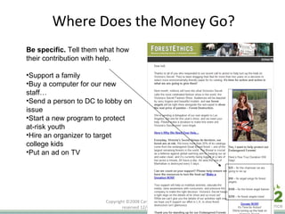 Where Does the Money Go? Copyright ©2008 Care2, Inc. All rights reserved  06/06/09   Be specific.  Tell them what how their contribution with help.  Support a family Buy a computer for our new staff… Send a person to DC to lobby on issue Start a new program to protect at-risk youth  Hire an organizer to target college kids Put an ad on TV 