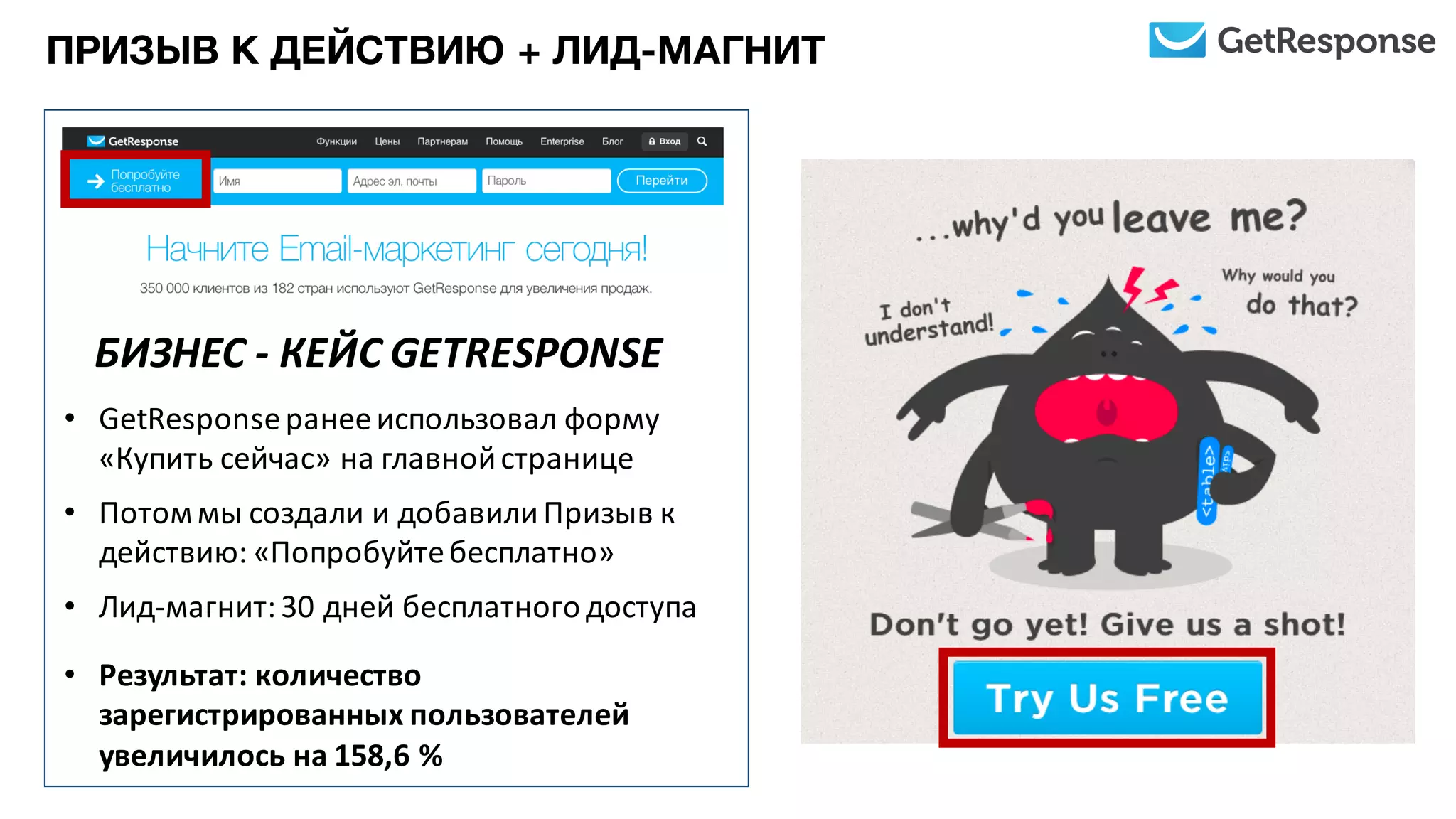 БИЗНЕС	
  -­‐ КЕЙС	
  GETRESPONSE	
  
• GetResponseранее	
  использовал	
  форму	
  
«Купить	
  сейчас»	
  на	
  главной	
  странице
• Потом	
  мы	
  создали	
  и	
  добавили	
  Призыв	
  к	
  
действию:	
  «Попробуйте	
  бесплатно»	
  
• Лид-­‐магнит:	
  30	
  дней	
  бесплатного	
  доступа
• Результат:	
  количество	
  
зарегистрированных	
  пользователей	
  
увеличилось	
  на	
  158,6	
  %
ПРИЗЫВ К ДЕЙСТВИЮ + ЛИД-МАГНИТ
 