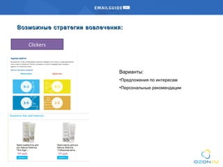 Clickers
Возможные стратегии вовлеченияВозможные стратегии вовлечения ::
Варианты:
•Предложения по интересам
•Персональные рекомендации
 