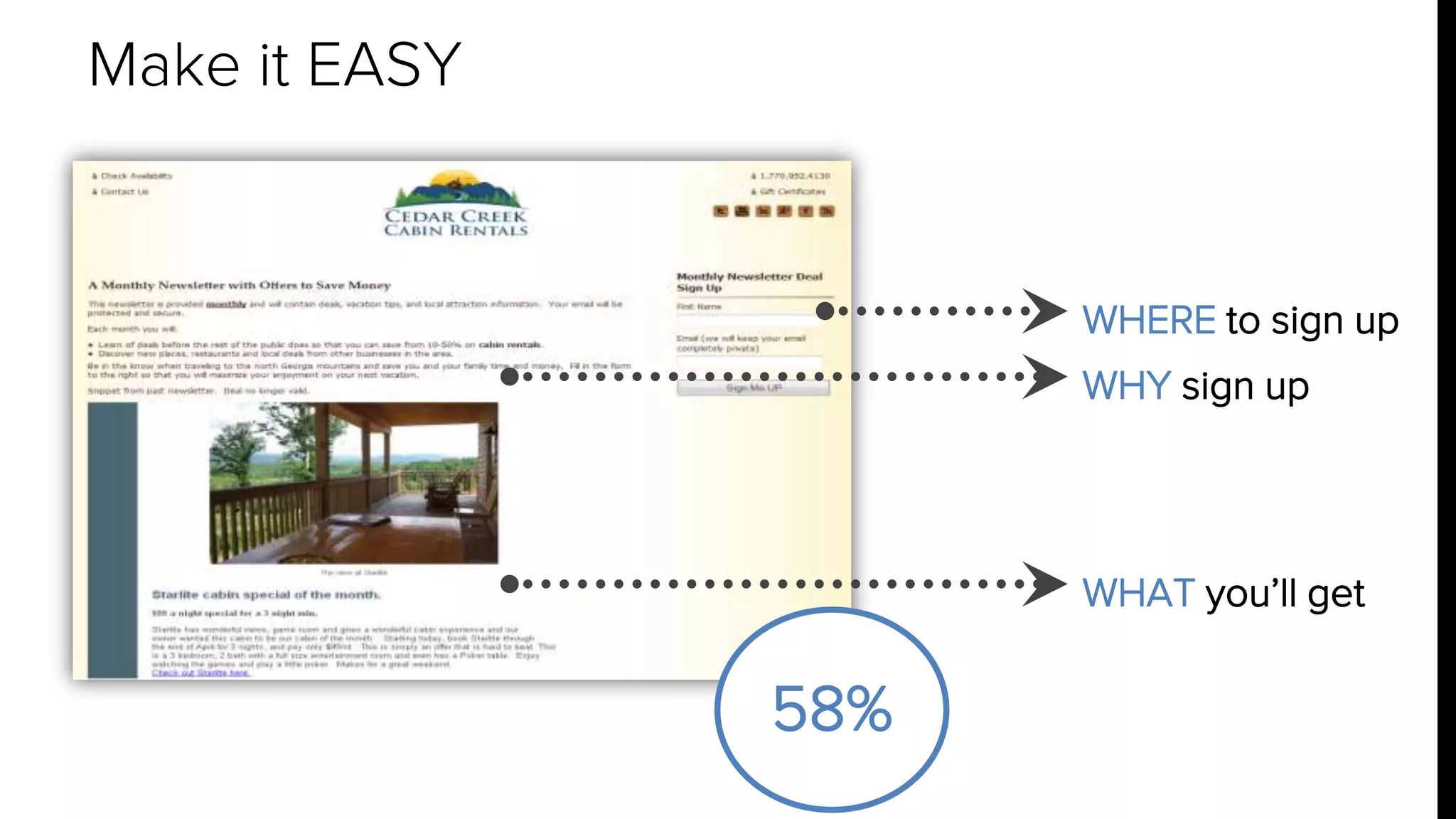 Make it EASY 
58% 
WHERE to sign up 
WHY sign up 
WHAT you’ll get 
 