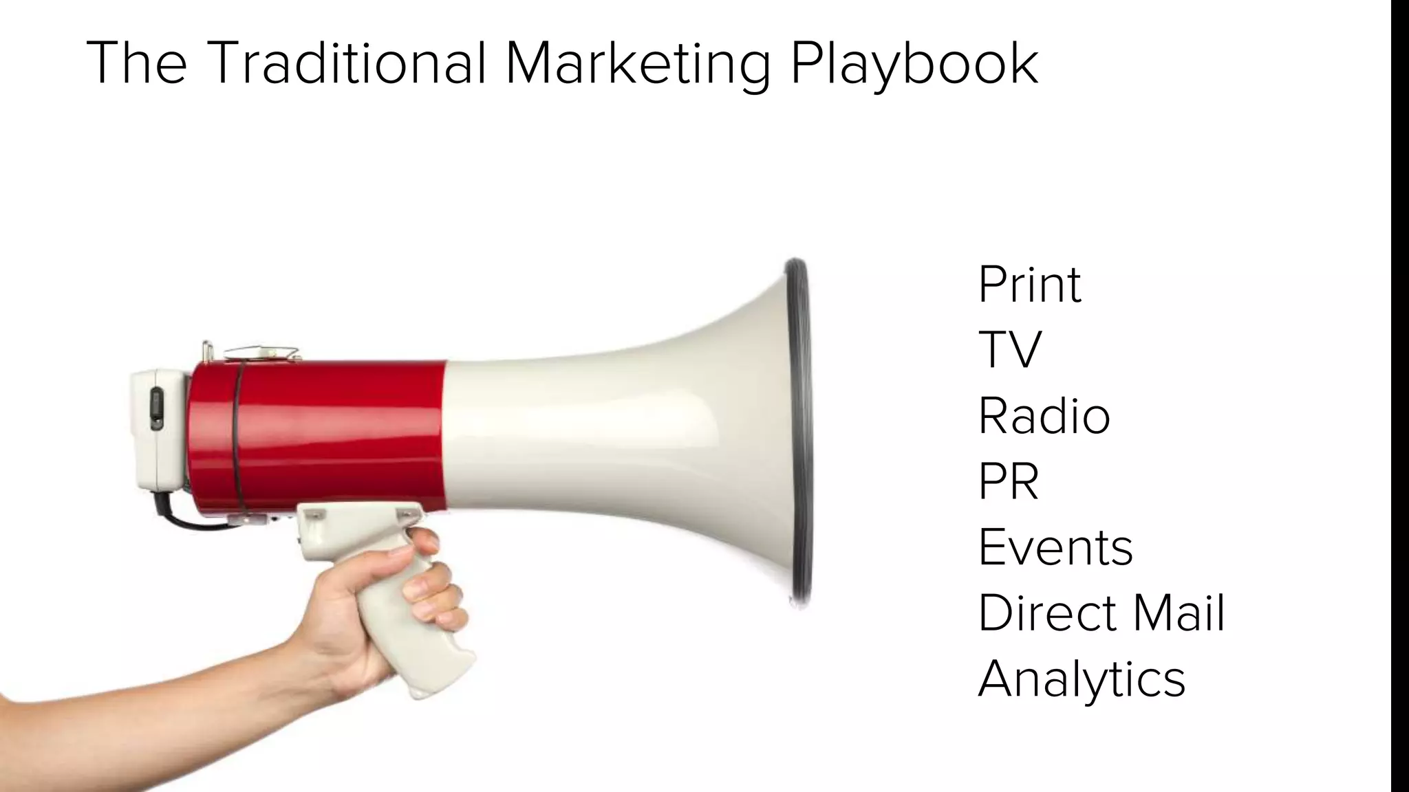 The Traditional Marketing Playbook 
Print 
TV 
Radio 
PR 
Events 
Direct Mail 
Analytics 
 