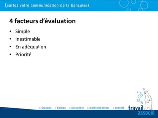 4 facteurs d’évaluation
•   Simple
•   Inestimable
•   En adéquation
•   Priorité
 