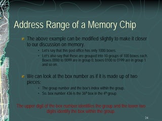 24
Address Range of a Memory Chip
The above example can be modified slightly to make it closer
to our discussion on memory.
• Let’s say that this post office has only 1000 boxes.
• Let’s also say that these are grouped into 10 groups of 100 boxes each.
Boxes 0000 to 0099 are in group 0, boxes 0100 to 0199 are in group 1
and so on.
We can look at the box number as if it is made up of two
pieces:
• The group number and the box’s index within the group.
• So, box number 436 is the 36th box in the 4th group.
The upper digit of the box number identifies the group and the lower two
digits identify the box within the group.
 