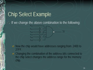 28
Chip Select Example
If we change the above combination to the following:
Now the chip would have addresses ranging from: 2400 to
27FF.
Changing the combination of the address bits connected to
the chip select changes the address range for the memory
chip.
CS
A10
A11
A12
A13
A14
A15
 
