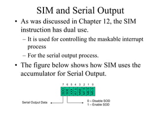 SIM and Serial Output
• As was discussed in Chapter 12, the SIM
instruction has dual use.
– It is used for controlling the maskable interrupt
process
– For the serial output process.
• The figure below shows how SIM uses the
accumulator for Serial Output.
SDO
SDE
XXX
R7.5
MSE
M7.5
M6.5
M5.5
0
1
2
3
4
5
6
7
0 – Disable SOD
1 – Enable SOD
Serial Output Data
 