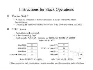 Instructions for Stack Operations
 What is a Stack ?
— A stack is a collection of memory locations. It always follows the rule of
last-in-firs-out
— Generally, SS and SP are used to trace where is the latest date written into stack
 PUSH Source
— Push data (word) onto stack
— It does not modify flags
— For Example: PUSH AX (assume ax=1234H, SS=1000H, SP=2000H
before PUSH AX)
1000:2000
1000:1FFF
1000:1FFE
1000:1FFD
??
??
??
??
1000:2000
1000:1FFF
1000:1FFE
1000:1FFD
??
12
34
??
SS:SP
SS:SP
Before PUSH AX, SP = 2000H After PUSH AX, SP = 1FFEH AX
12 34
 Decrementing the stack pointer during a push is a standard way of implementing stacks in hardware
 