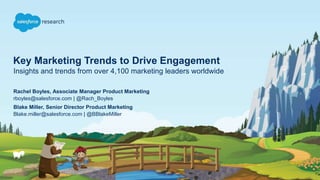 Key Marketing Trends to Drive Engagement
Insights and trends from over 4,100 marketing leaders worldwide
rboyles@salesforce.com | @Rach_Boyles
Rachel Boyles, Associate Manager Product Marketing
Blake.miller@salesforce.com | @BBlakeMiller
Blake Miller, Senior Director Product Marketing
 