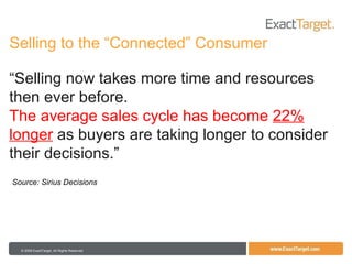 Selling to the “Connected” Consumer WEBSITE SEARCH EMAIL “ Selling now takes more time and resources then ever before.  The average sales cycle has become  22% longer   as buyers are taking longer to consider their decisions.” Source: Sirius Decisions 