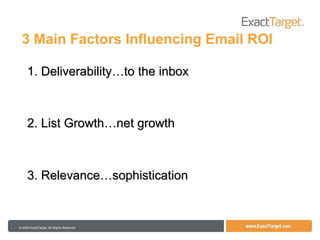 3 Main Factors Influencing Email ROI 1. Deliverability…to the inbox 2. List Growth…net growth 3. Relevance…sophistication 