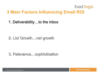3 Main Factors Influencing Email ROI 1. Deliverability…to the inbox 2. List Growth…net growth 3. Relevance…sophistication 