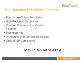 Poor or Insufficient Permission High Recipient Complaints Content, Volume or List Quality Filtering  Spamtrap Hits IP Address and Domain Blacklisting Lack of ISP Compliance Top Reasons Emails Are Filtered: Today IP Reputation is key! 