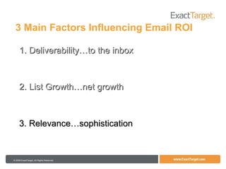 3 Main Factors Influencing Email ROI 1. Deliverability…to the inbox 2. List Growth…net growth 3. Relevance…sophistication 