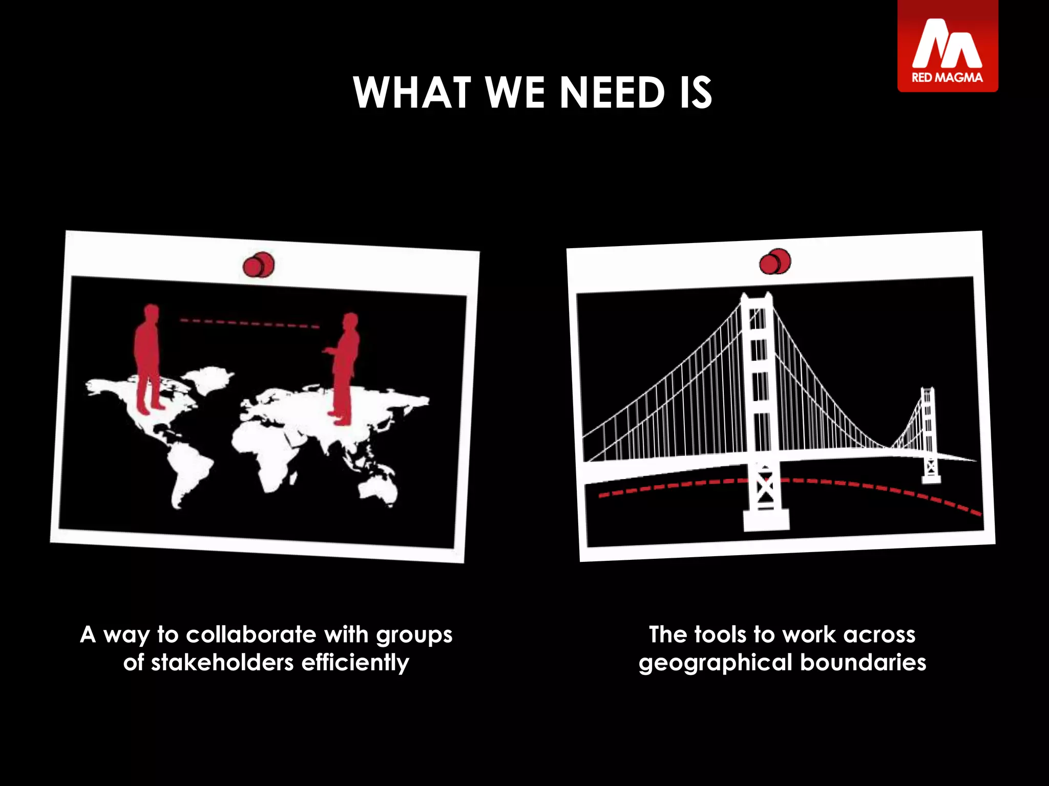WHAT WE NEED IS
A way to collaborate with groups
of stakeholders efficiently
The tools to work across
geographical boundaries
 