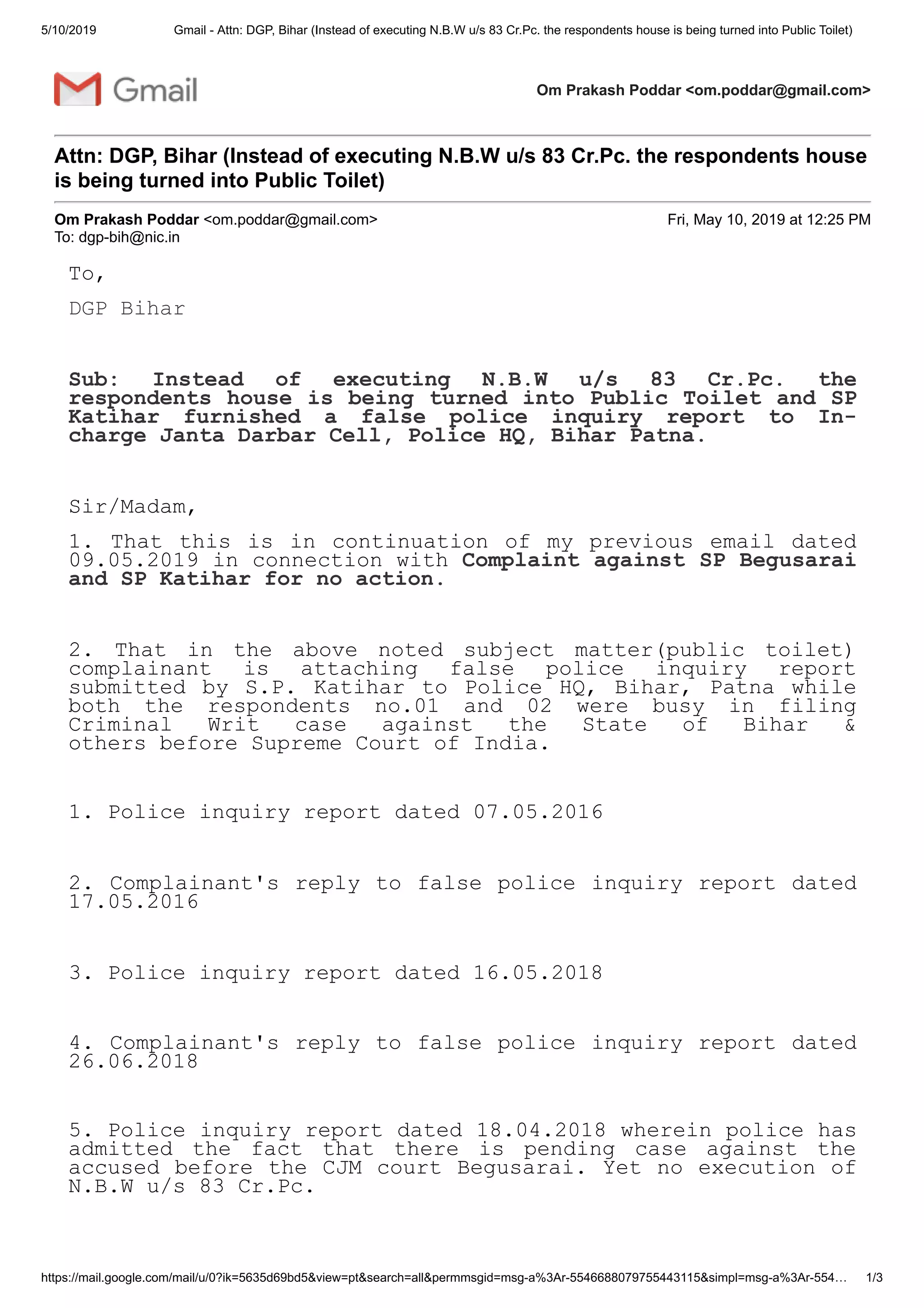 Email letter to DGP Bihar dated 10.05.2019