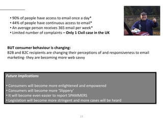 • 90% of people have access to email once a day*
  • 44% of people have continuous access to email*
  • An average person receives 365 email per week*
  • Limited number of complaints – Only 1 Civil case in the UK


BUT consumer behaviour is changing:
B2B and B2C recipients are changing their perceptions of and responsiveness to email
marketing- they are becoming more web savvy



Future Implications

• Consumers will become more enlightened and empowered
• Consumers will become more ‘Slippery’
• It will become even easier to report SPAMMERS
• Legislation will become more stringent and more cases will be heard


                                            13
 