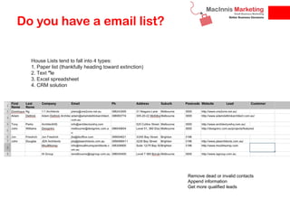 Do you have a email list?

  House Lists tend to fall into 4 types:
  1. Paper list (thankfully heading toward extinction)...