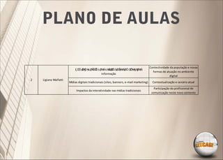 PLANO DE AULAS

                                                                                         Contectividade da população e novas
                           Ę ÖÔ ÕŊ
                                 ÖNŁØŇ Ô ŁØNŃŁM Ø ØŐ
                                      ÖŐ        ŃØ Ö ŃNŃØÔ Œ ŁŊ NŃ
                                                            ÕNŊ Ø
                                                                                           formas de atuação no ambiente
                                           informação
                                                                                                       digital
2   Ligiane Malfatti
                       Mídias digitais tradicionais (sites, banners, e-mail marketing)     Contextualização e cenário atual
                                                                                            Participação do profissional de
                            Impactos da interatividade nas mídias tradicionais
                                                                                          comunicação neste novo contexto
 